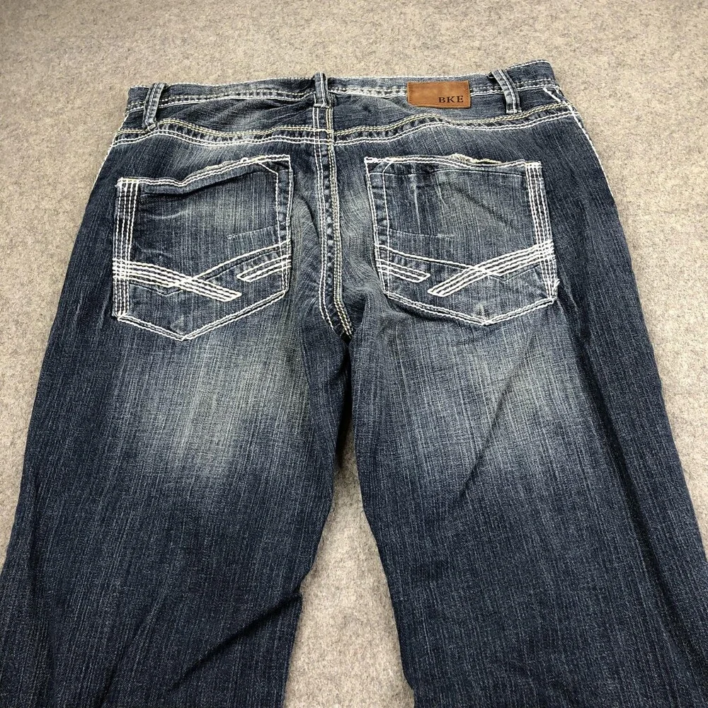 BKE Derek Jeans Mens 34x34 Blue Medium Wash Bootcut Denim Distressed Pants
